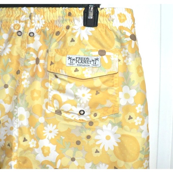 Free Planet Men's Elastic Waist Drawcord Floral Print Swim Trunks Yellow Large - Picture 5 of 9